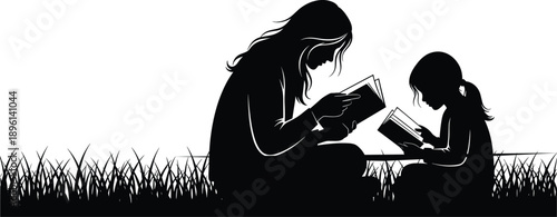 education, reading, silhouette, black, white, icon, illustration, vector, design, symbol, adult, child, book, learning, study, outdoor, grass, family, knowledge, lifestyle, teaching, literacy