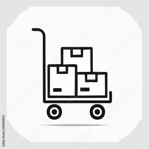 台車でダンボールを運搬する倉庫物流作業のシンプルアイコン 白背景