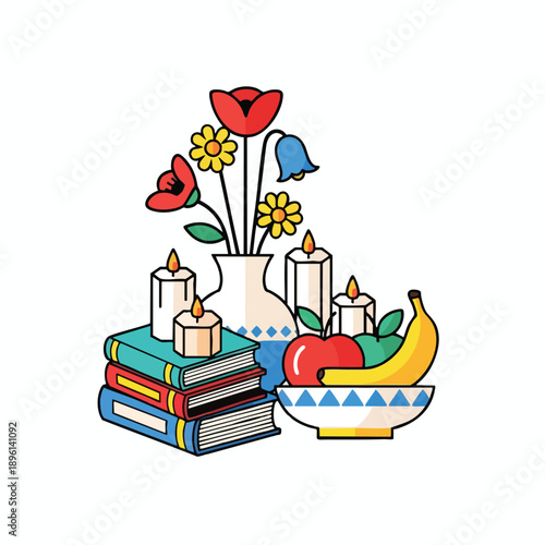 Still Life with Books Candles and Fruit