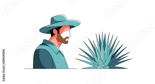 Man wearing a traditional wide brimmed hat observes a spiky agave plant in an outdoor setting depicted in a modern flat art style.