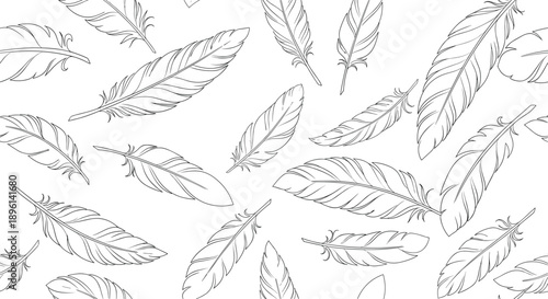 Seamless pattern of hand drawn black and white bird feathers in various sizes and orientations for a soft and natural background.