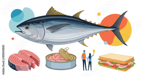 Large tuna fish illustration surrounded by its various food products including steaks canned tuna a sandwich and a small couple.