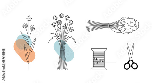 Set of simple line icons for floral and craft themes featuring a flower sprig bouquet a spool of thread and sharp scissors.