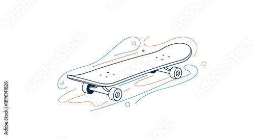 Stylized line drawing of a skateboard viewed from a side angle with abstract flowing lines in the background suggesting motion.