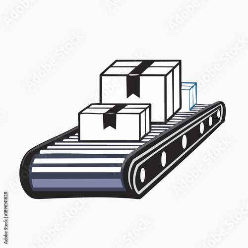 コンベアベルトで荷物を搬送する倉庫物流ラインアイコン 白背景