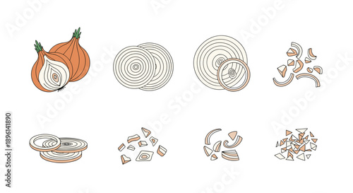 Illustrations of yellow onions in different states including a whole onion a halved piece sliced rings and small chopped cubes.
