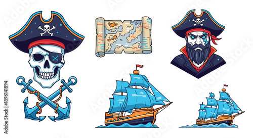 Pirate adventure icons including a skull wearing a hat with anchors a treasure map a captain and two wooden sailing ships.