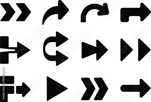 Directional arrow icon set with various motion indicators, stylish modern black symbols for interface navigation and controls