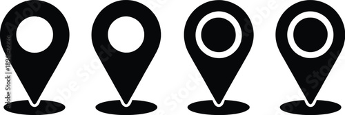 Row of black map pins featuring white center shapes, clean stylish navigation marker icons for design use