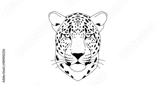 Minimalist black and white line art of a leopard head showing its spots and intense gaze in a powerful and detailed portrait.