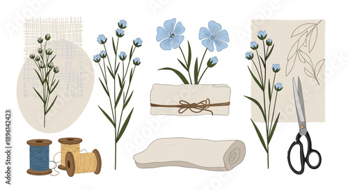 Craft and floral themed collection featuring flowers spools of colorful thread fabric rolls and sharp sewing scissors for hobbies.