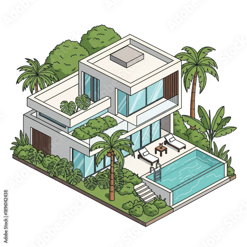 Luxurious modern villa with pool and tropical landscaping on a hillside.