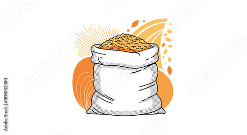 Large sack filled to the brim with grain or seeds shown in a textured illustration with abstract orange shapes in the background.