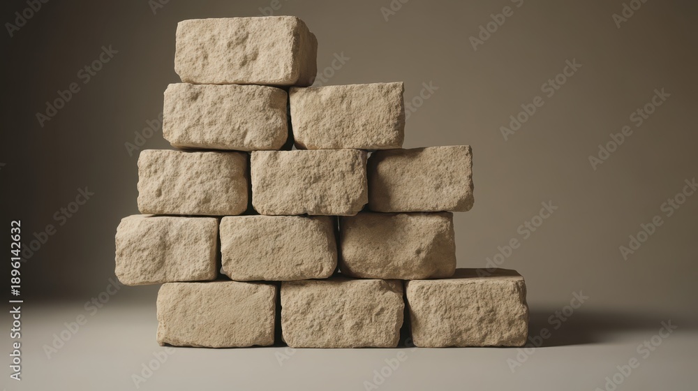 Obraz premium Collection of rough unhewn stone blocks stacked haphazardly in a studio setting with a neutral background