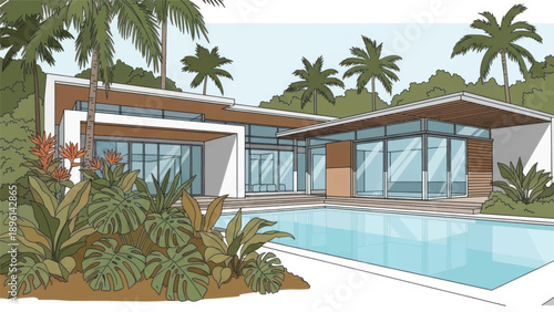 Modern glass villa by a tropical poolside with palm trees and lush landscaping.