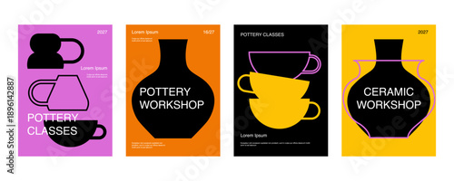 Ceramic craft, card designs set. Ceramics market, school and workshop, flyer and placard templates with lettering typography, handmade pottery pattern in modern trendy style. Flat vector illustration.