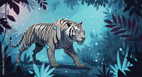 Futuristic digital illustration of a robotic cyber tiger walking through a mysterious glowing jungle with teal and purple tones.