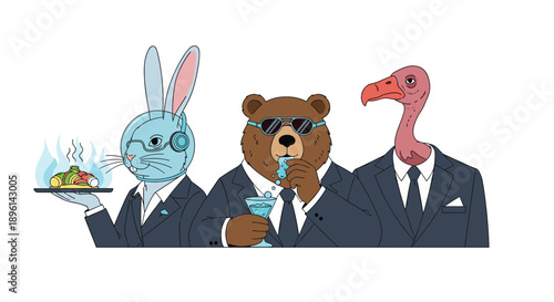 Quirky illustration of a rabbit, a bear, and a vulture dressed in formal business suits acting like high-society characters.
