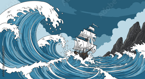 Dramatic illustration of a vintage sailing ship struggling against massive crashing waves in a stormy and dark ocean environment.