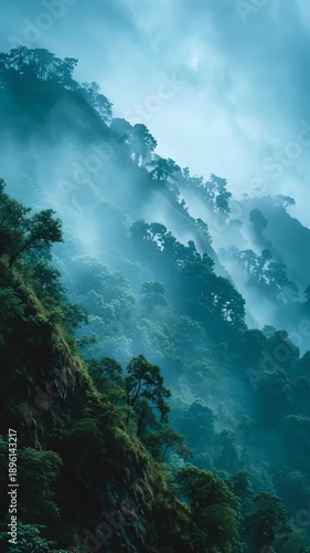 Misty mountain landscape with trees covered.