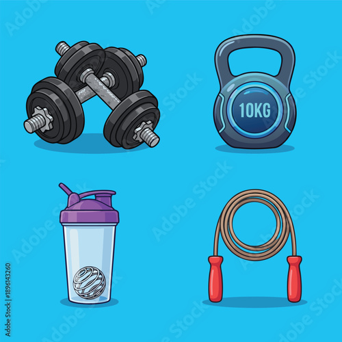 Fitness Equipment Collection Dumbbells Kettlebell Shaker Bottle Jump Rope.