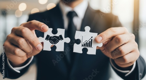 Closeup Businessman Hand connecting two puzzle pieces with handshake icon, representing successful merger, joint venture, business agreement, and strategic fit.