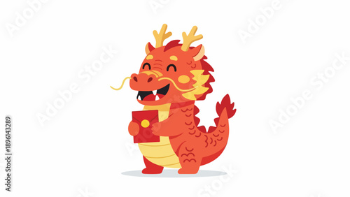 Happy cartoon red dragon mascot holding a traditional red envelope, symbolizing prosperity and good luck for Lunar New Year celebrations and festive designs