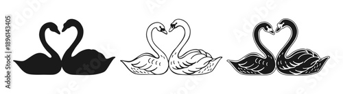 Swans hand drawn sketch in doodle linear, silhouette and engraving style set. Romantic wedding symbol of love and fidelity design. Swan water romantic couple of birds. Vintage whimsical symbol