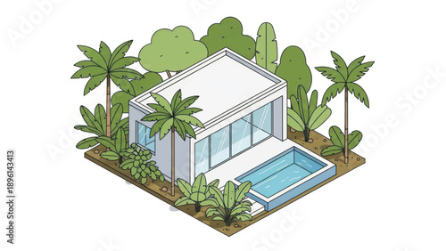 Modern glass villa with pool surrounded by tropical greenery and palm trees.