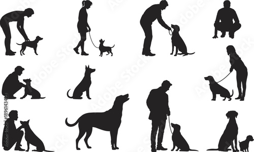 Dog training silhouette set showing people walking sitting rewarding pets obedience activities isolated on white background black vector illustration