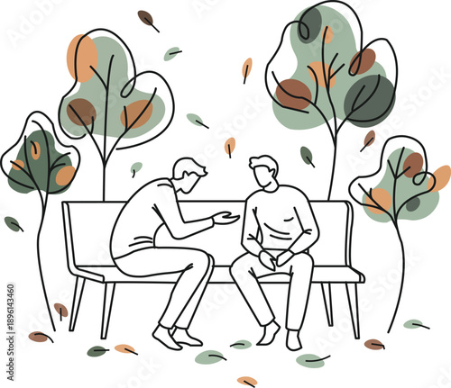 Modern line illustration of two individuals seated on a curved bench