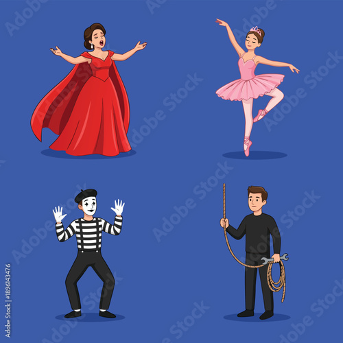 Four different performing artists on a blue background.