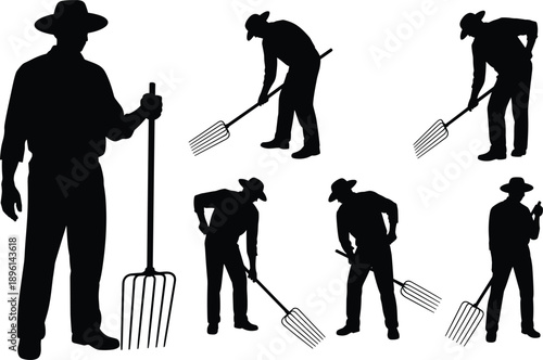 Farmer silhouette set showing man using pitchfork working on farm agriculture poses isolated on white background black vector illustration