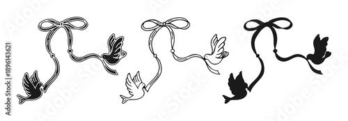 Hand drawn dove ribbon in whimsical doodle ink style illustration. Romantic wedding and Valentine mood featuring flowing flying bow and pigeons elegant line outline art elements