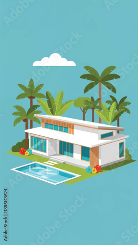 Modern villa with swimming pool, palm trees, and bright sky overlooking a stylish residence.