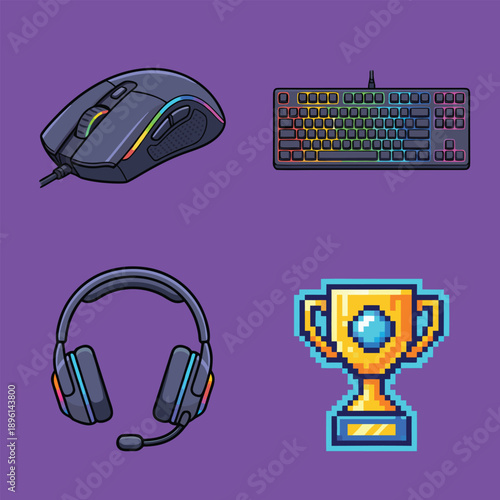Gaming Essentials Collection - Mouse, Keyboard, Headset, and Trophy.