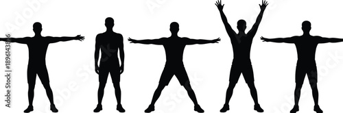 Man exercise silhouette set showing warm up stretching jumping jack poses isolated on white background black vector illustration collection