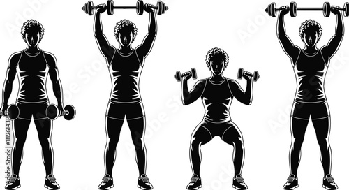 Female fitness silhouette set showing dumbbell and barbell workout exercises strength training gym bodybuilding black vector illustration collection