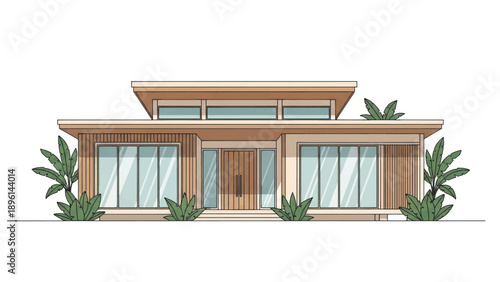 Modern single-story house with large windows and surrounding greenery, contemporary residential facade.