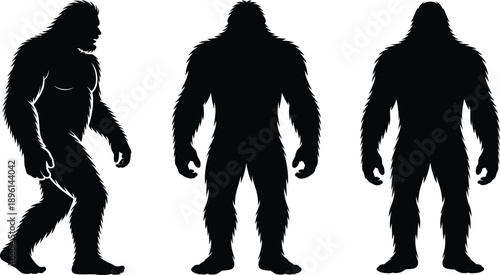 Bigfoot yeti sasquatch silhouette turnaround set showing front back side views isolated on white background black vector illustration