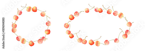 さくらんぼ Watercolor cherry wreath and oval frame for early summer design High quality-300dpi-	