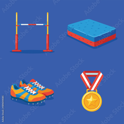 High jump equipment and medal.