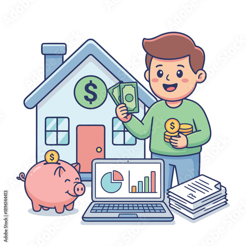 Man saving money for a house with a piggy bank and laptop.