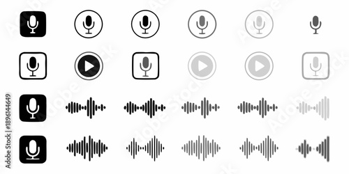 Collection of microphone and audio recording interface icons in varying styles