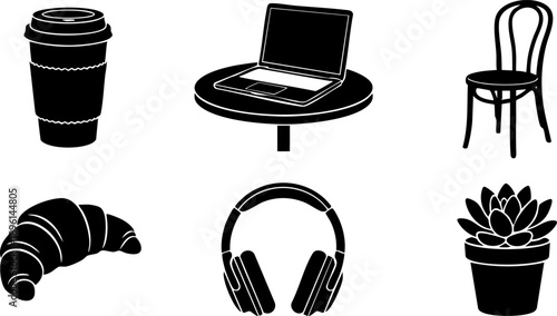 Minimalist Cafe & Remote Work Vector Silhouette Icons - Coffee Shop Essentials Set