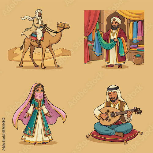 Middle Eastern culture and traditions depicted in a set of four illustrations.