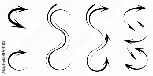 Collection of abstract black arrows and swirling curved lines on white