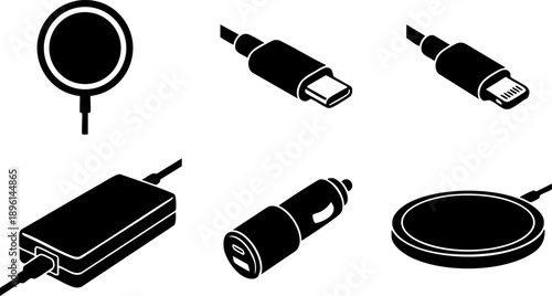 Minimalist Charging & Power Cables Vector Silhouette Icons - Tech Accessories Set