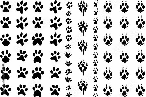 Collection of black paw prints and animal tracks on a white background