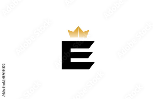 Elegant minimalist E logo featuring bold black  letter with luxurious gold crown accent above, clean vector style for premium branding and identity